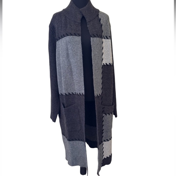 Joseph A Patchwork Open Front Cardigan Charcoal Knit Sweater, Size L, NWT - Picture 4 of 12